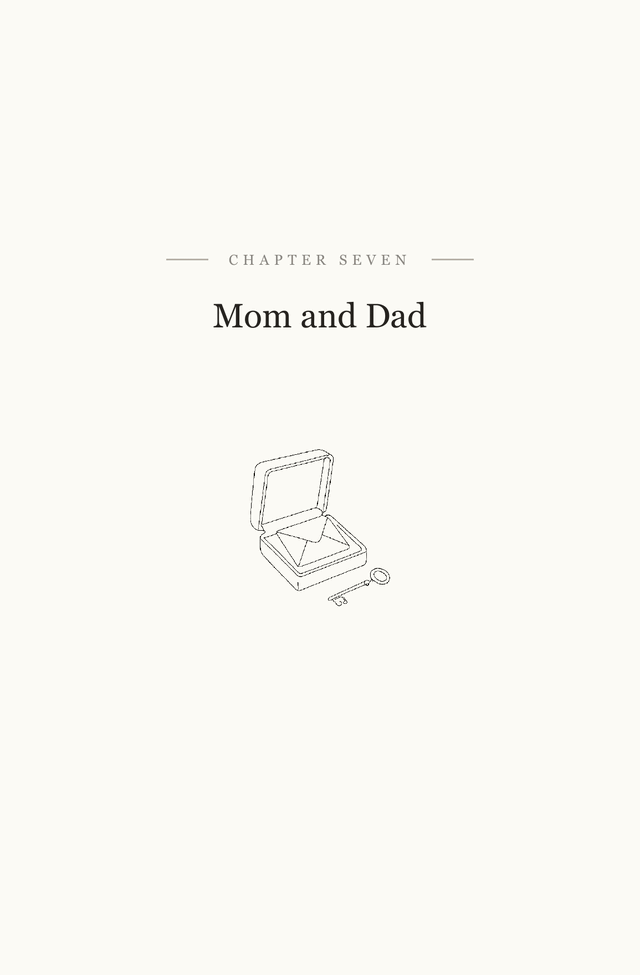 A chapter opening from a finished 7Bonds book — Chapter Seven, Mom and Dad, with a small line drawing of a keepsake box